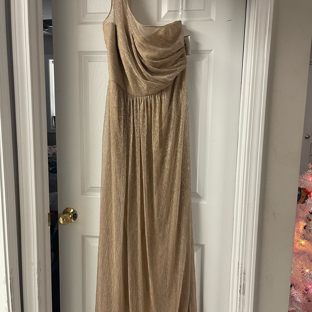 David's Bridal Shimmering Gold One Shoulder Gown